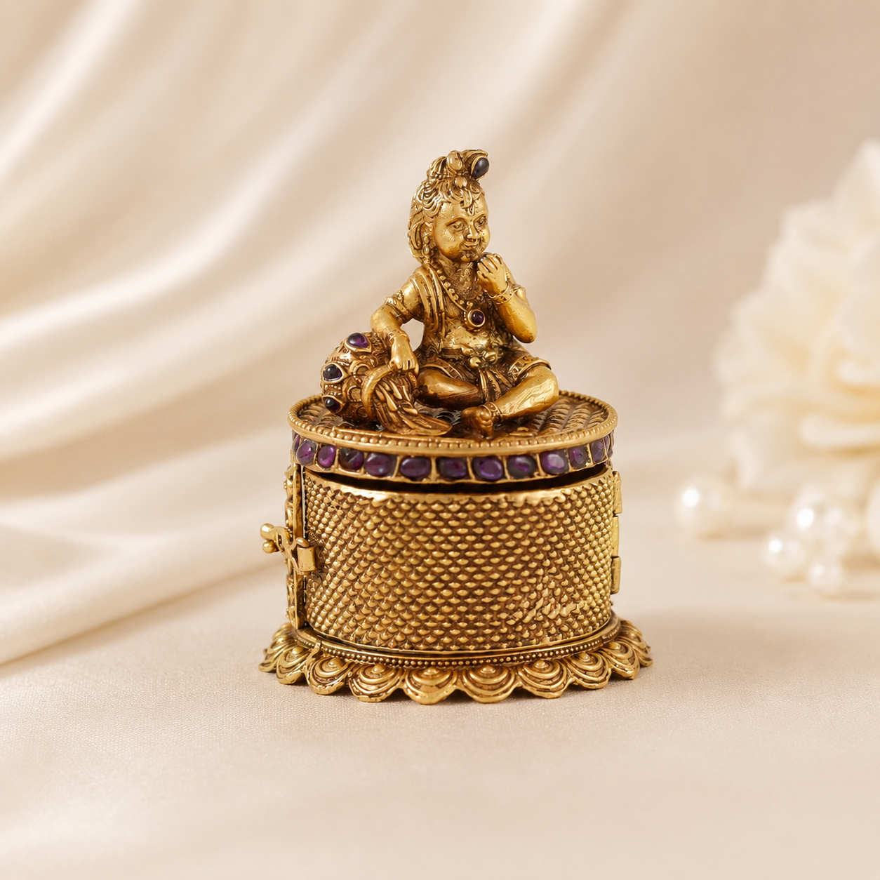 Gold Plated Lord Krishna Silver Sindur Box
