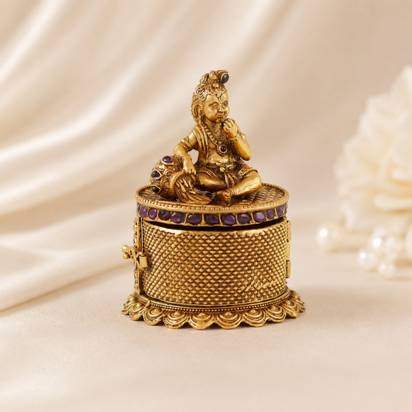 Gold Plated Lord Krishna Silver Sindur Box