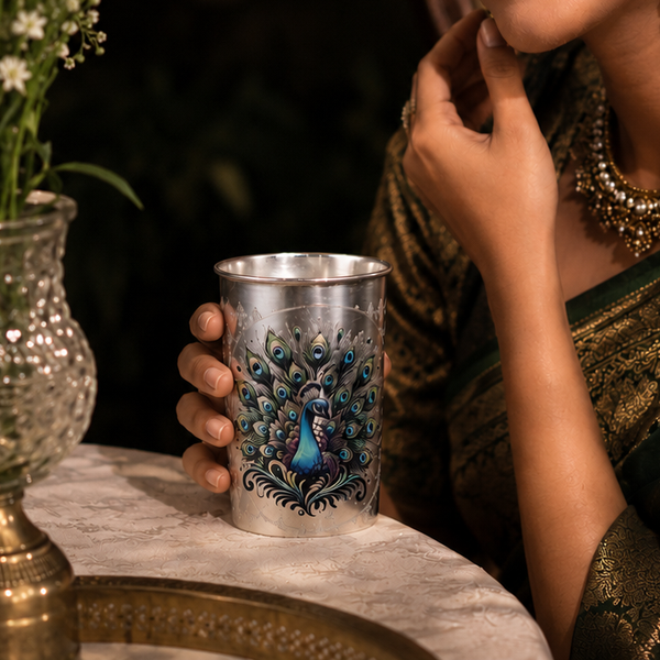 Peacock Elegance Silver Glass