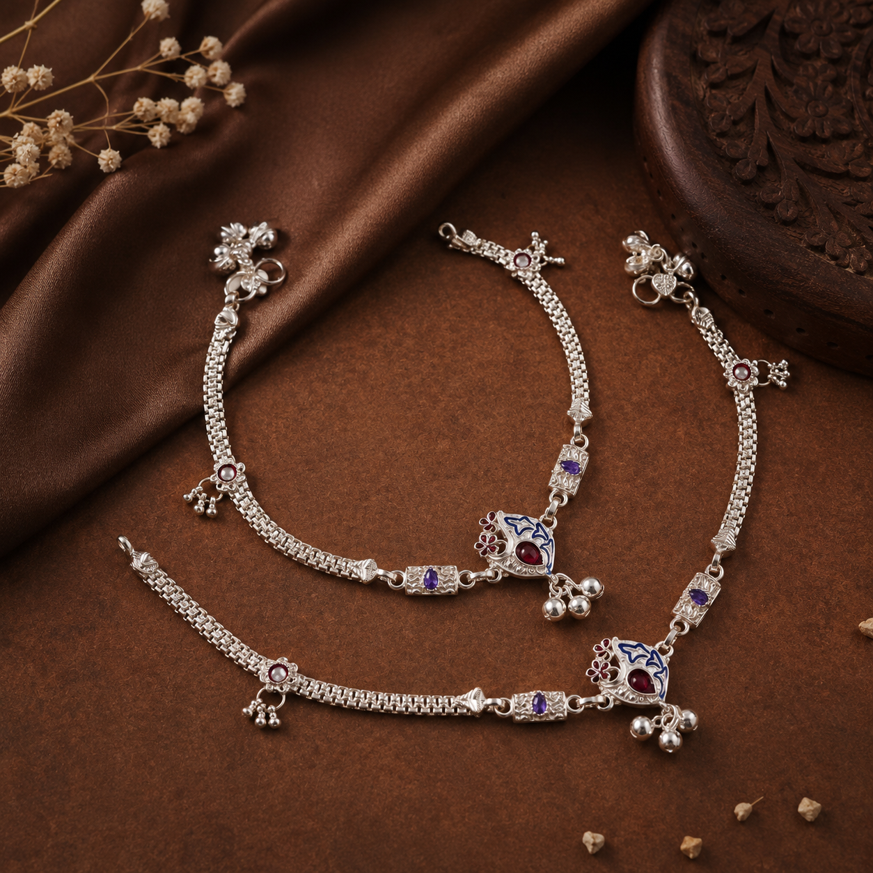 Meera Peacock Grace Silver Anklets