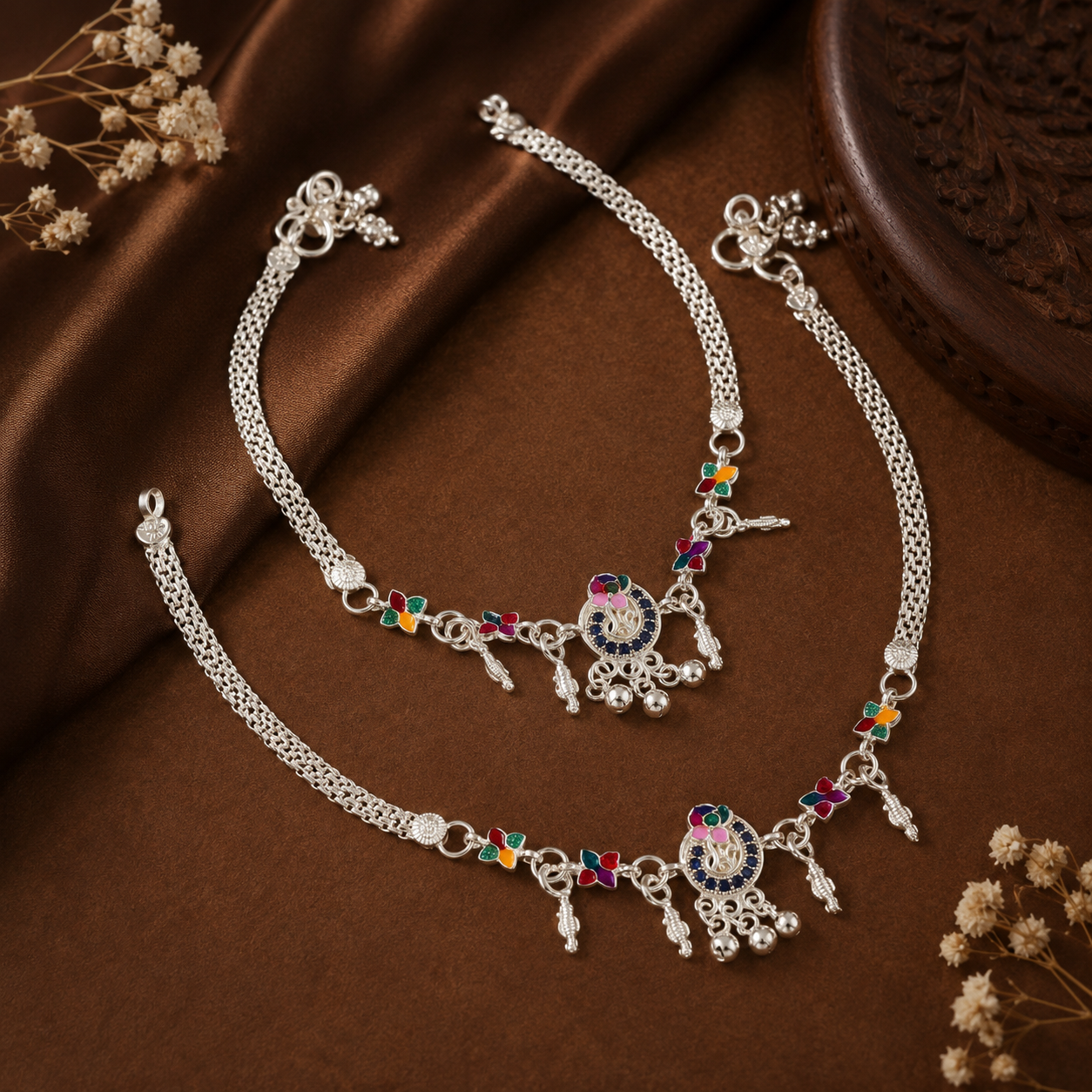Meenakari Noor Silver Anklets
