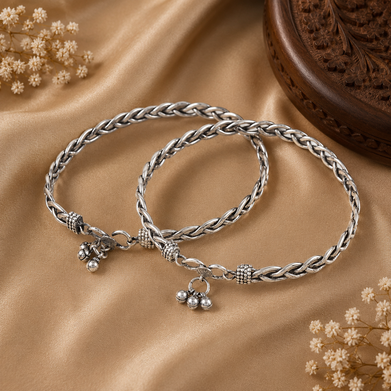 Teena Weave Bell Silver Anklets Kada