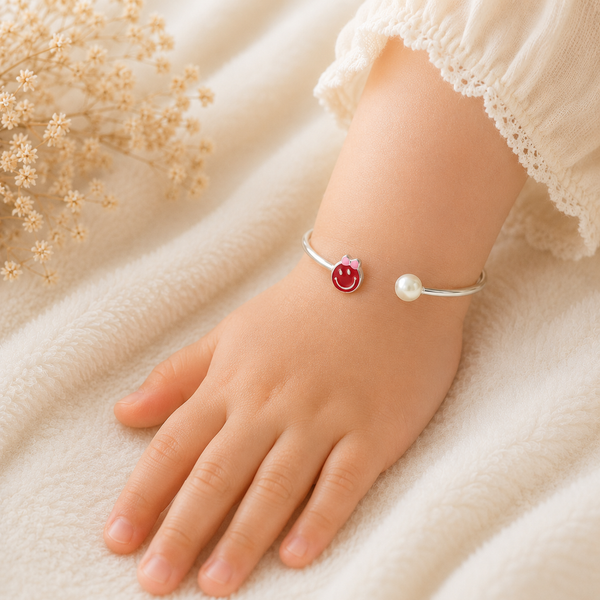 Smiley Pearl Silver Baby Bangles