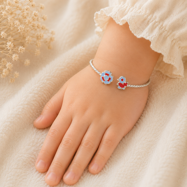 Floral Bird Charm Silver Baby Bangles
