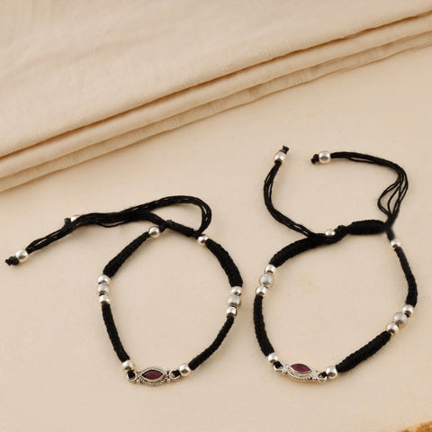 Ruby Black Thread Silver Anklets
