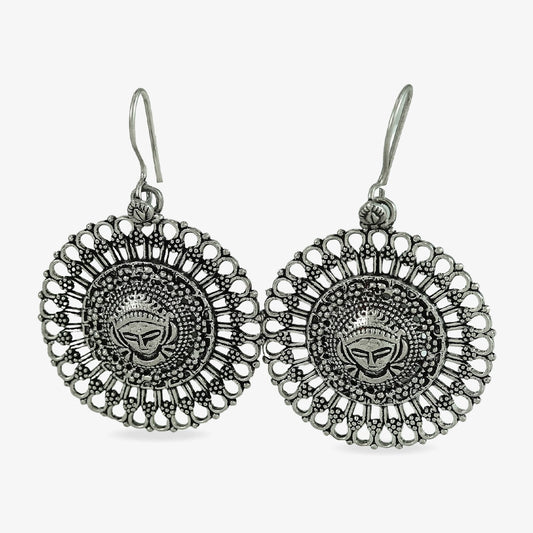 Shubha Tribal Silver Earrings With Deity Motif