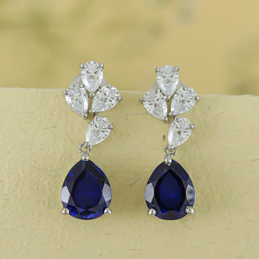 Silver Earrings with Blue Drop & White Leaf Tetrad Swarovski Zirconia