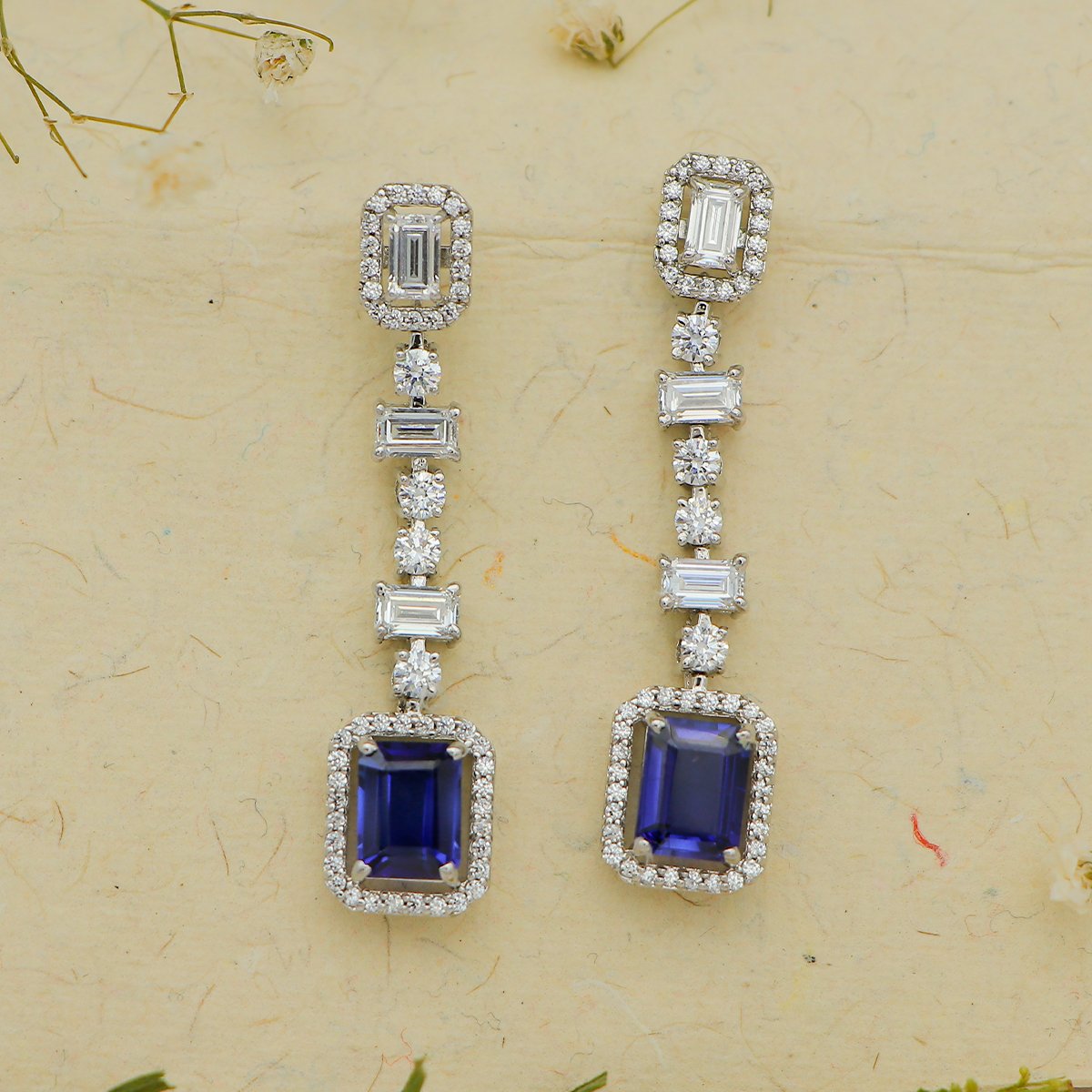 Emerald- cut Blue Drop Silver Earrings with Swarovski Zirconia