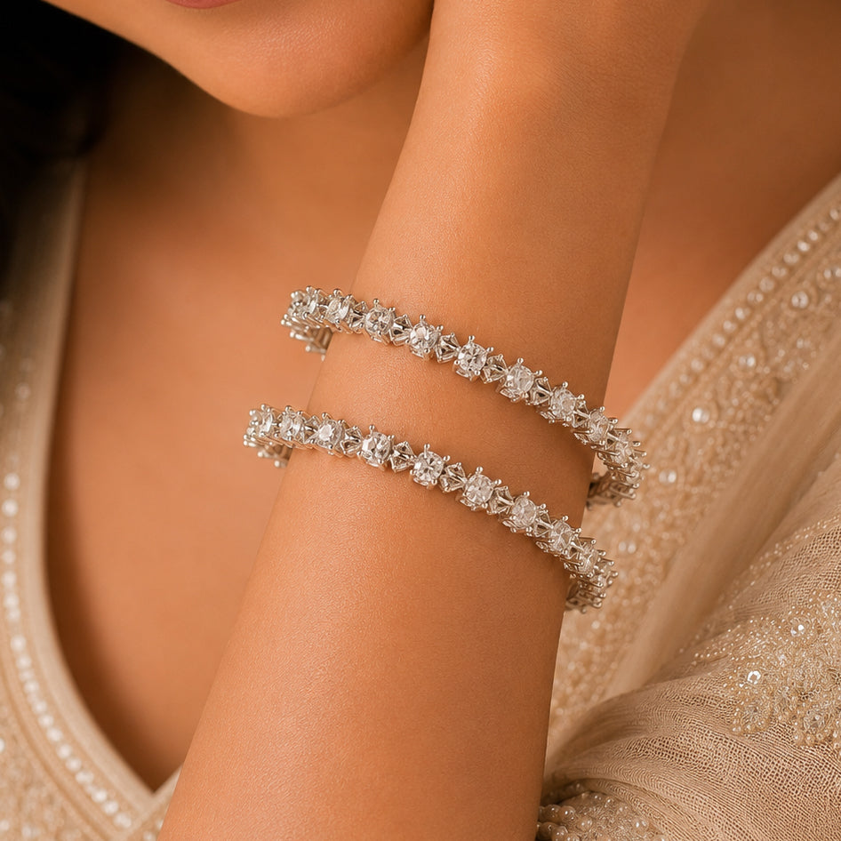 Mahi Silver Bangles With Round & Pear Cut