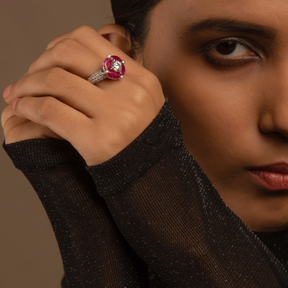 Saral Pink Floral Swarovski Silver Ring