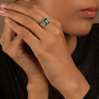 Vanessa Green & White Emerald Cut Swarovski Silver Ring