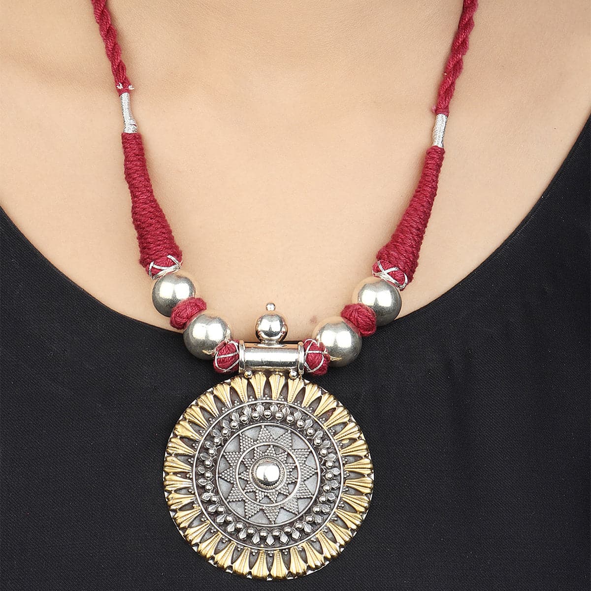 Lavanya Red Thread Dual Tone Silver Necklace