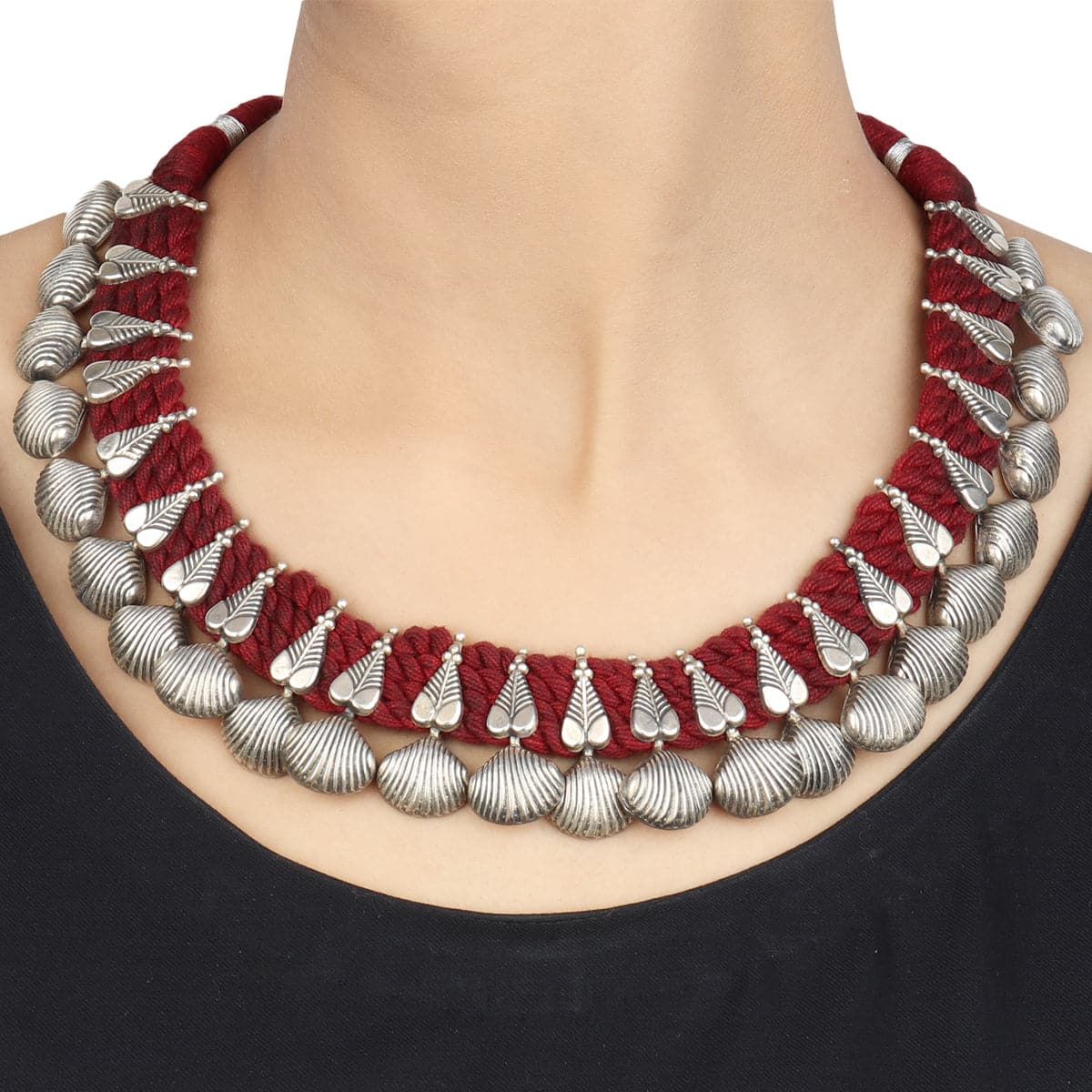 Ipshita Red Thread Tribal Silver Necklace