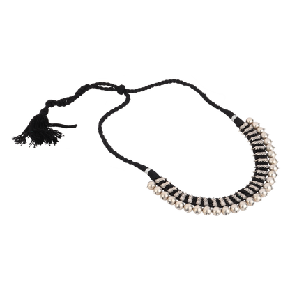 Ruhani Black Thread Tribal Silver Choker Necklace