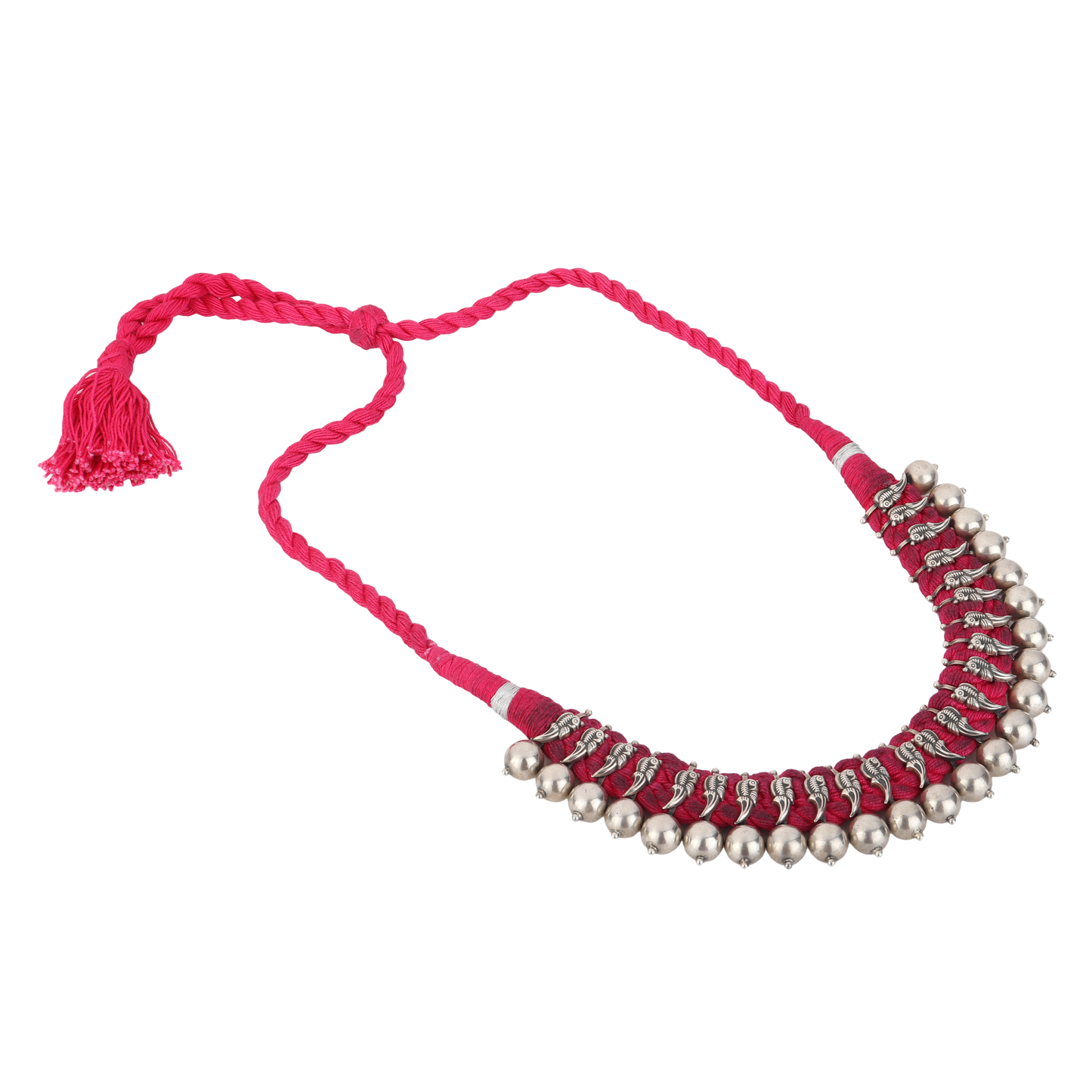 Sara Pink Thread Tribal Silver Choker Necklace