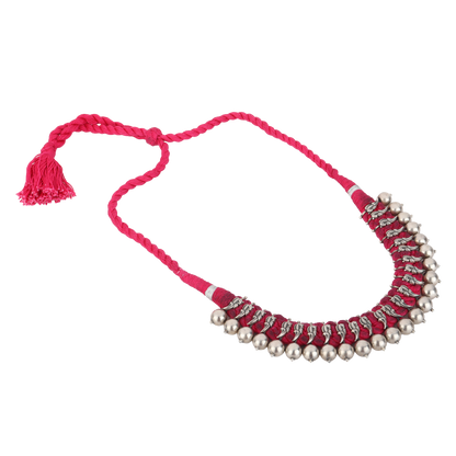 Sara Pink Thread Tribal Silver Choker Necklace