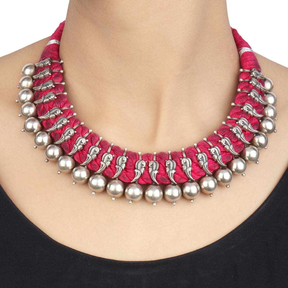 Sara Pink Thread Tribal Silver Choker Necklace