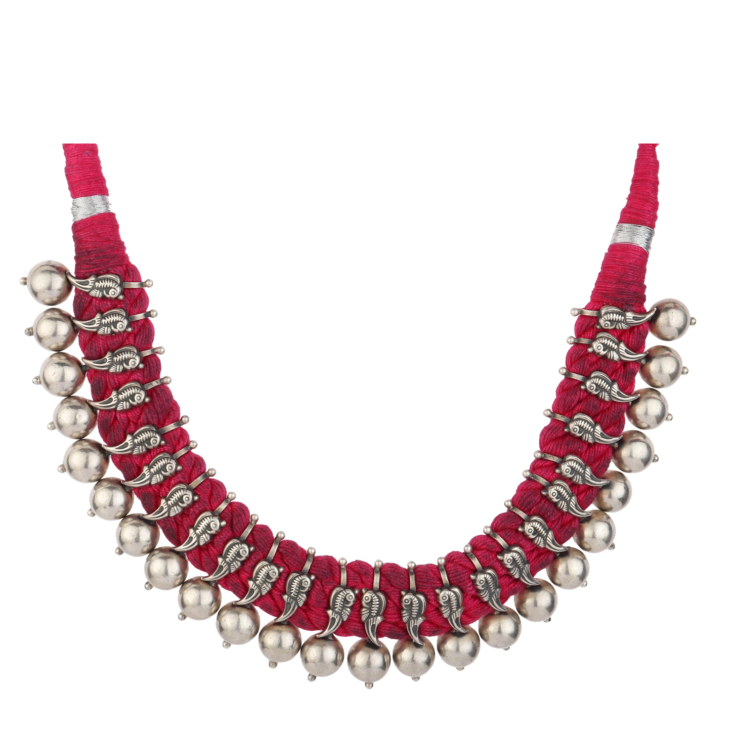 Sara Pink Thread Tribal Silver Choker Necklace