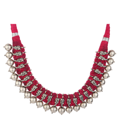 Sara Pink Thread Tribal Silver Choker Necklace