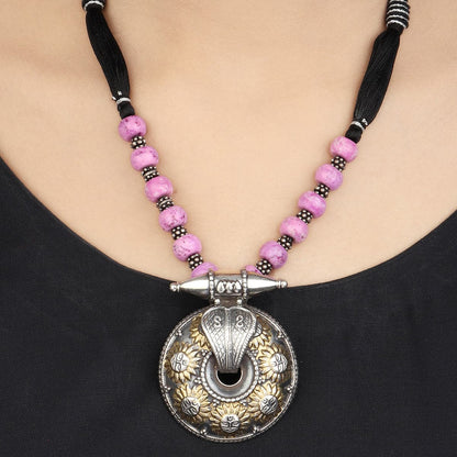 Allura Pink Beaded With Dual Silver Tone Necklace