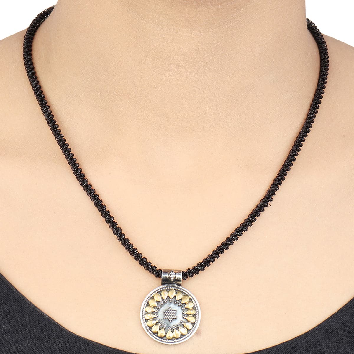 Alyna Black Thread Dual Tone Silver Necklace