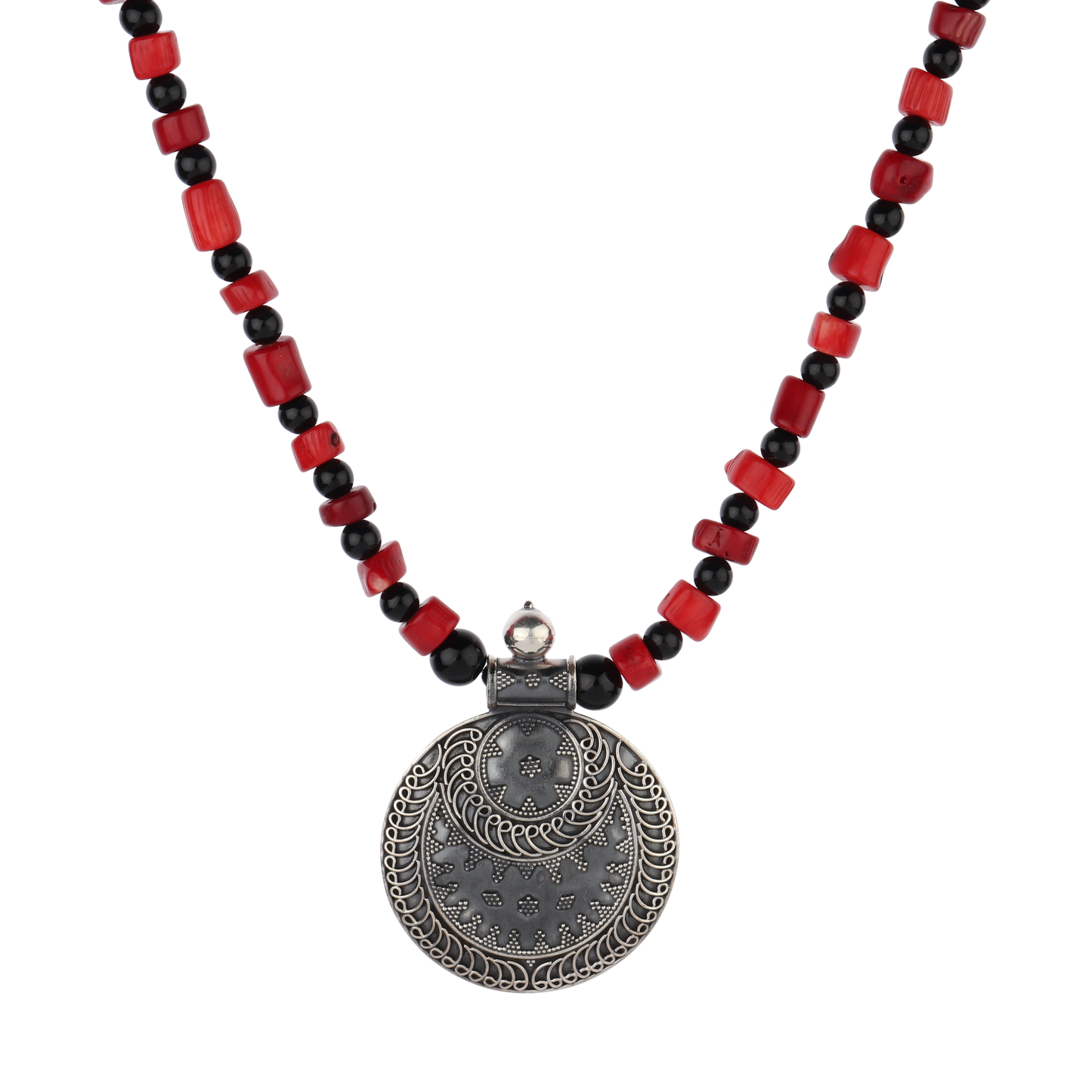 Lisha Red-Black Tribal Silver Rawa Necklace