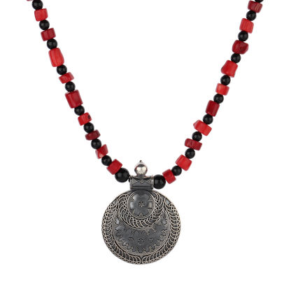 Lisha Red-Black Tribal Silver Rawa Necklace