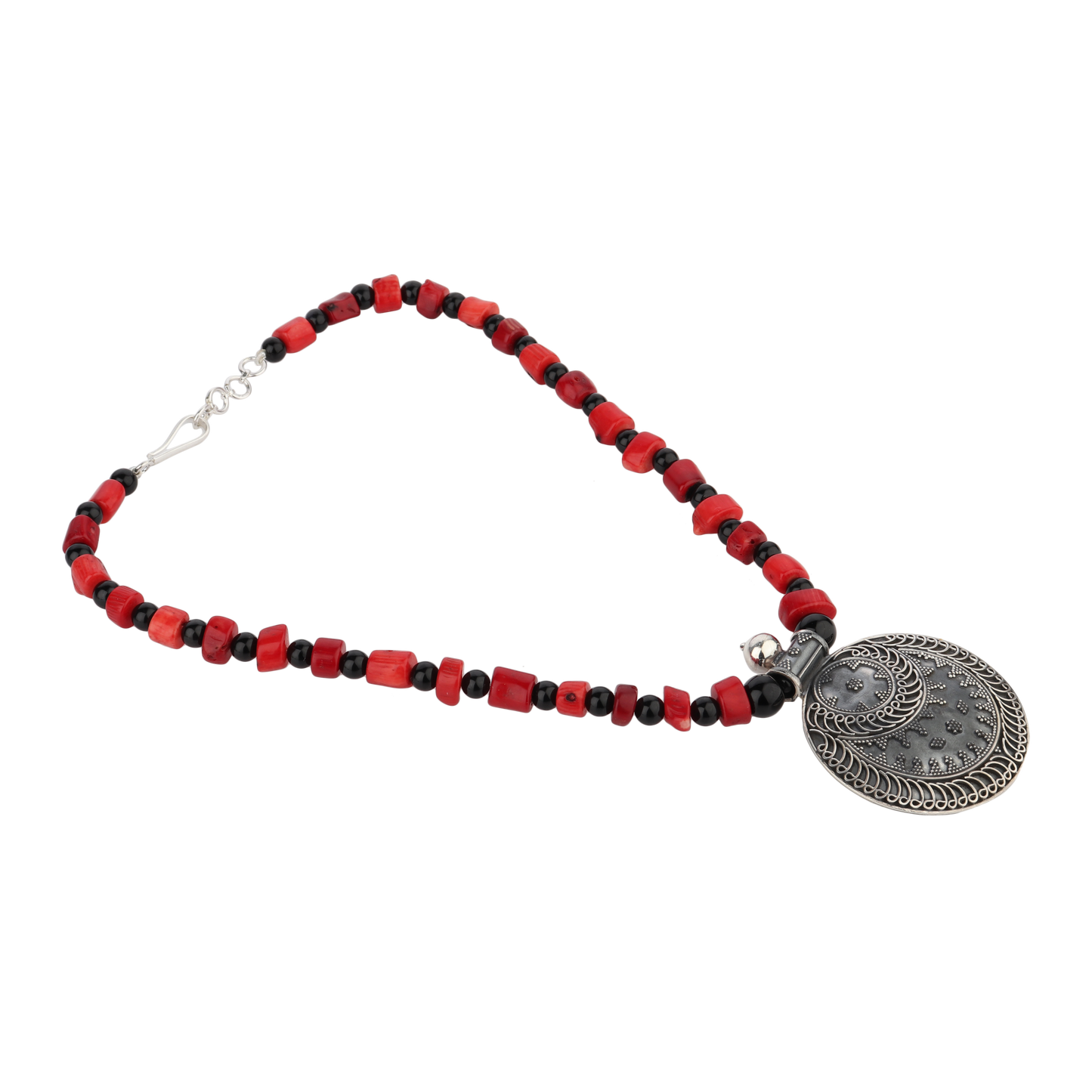 Lisha Red-Black Tribal Silver Rawa Necklace