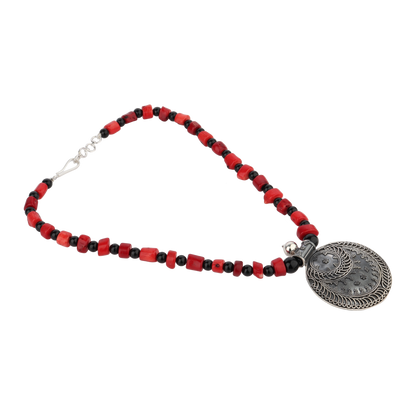 Lisha Red-Black Tribal Silver Rawa Necklace