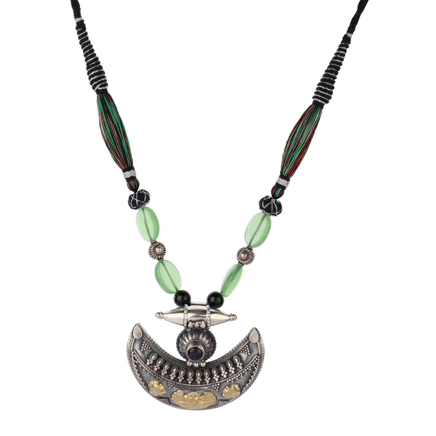 Elantra Green Beaded Dual Tone Silver Necklace With Moon Design