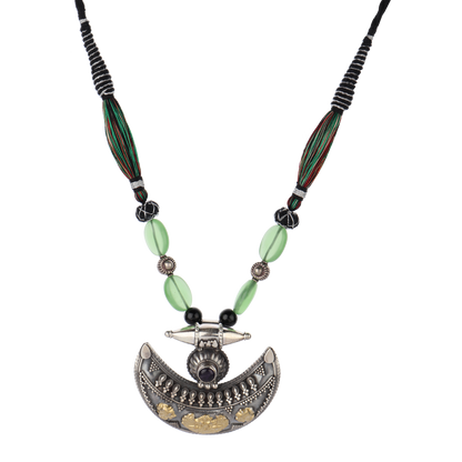 Elantra Green Beaded Dual Tone Silver Necklace With Moon Design