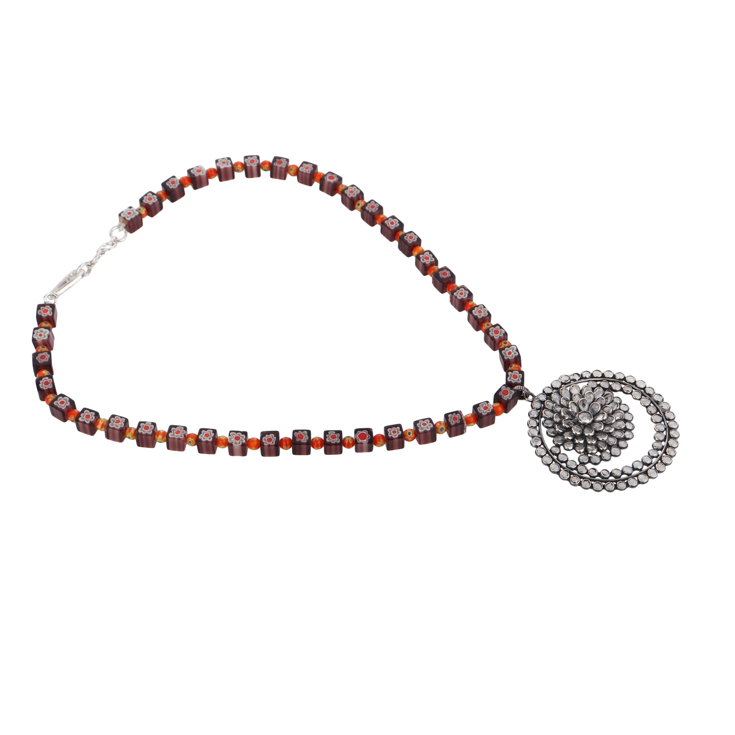 Carla Coral Beaded Silver Necklace with Crystal Pendant