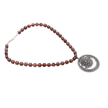 Carla Coral Beaded Silver Necklace with Crystal Pendant