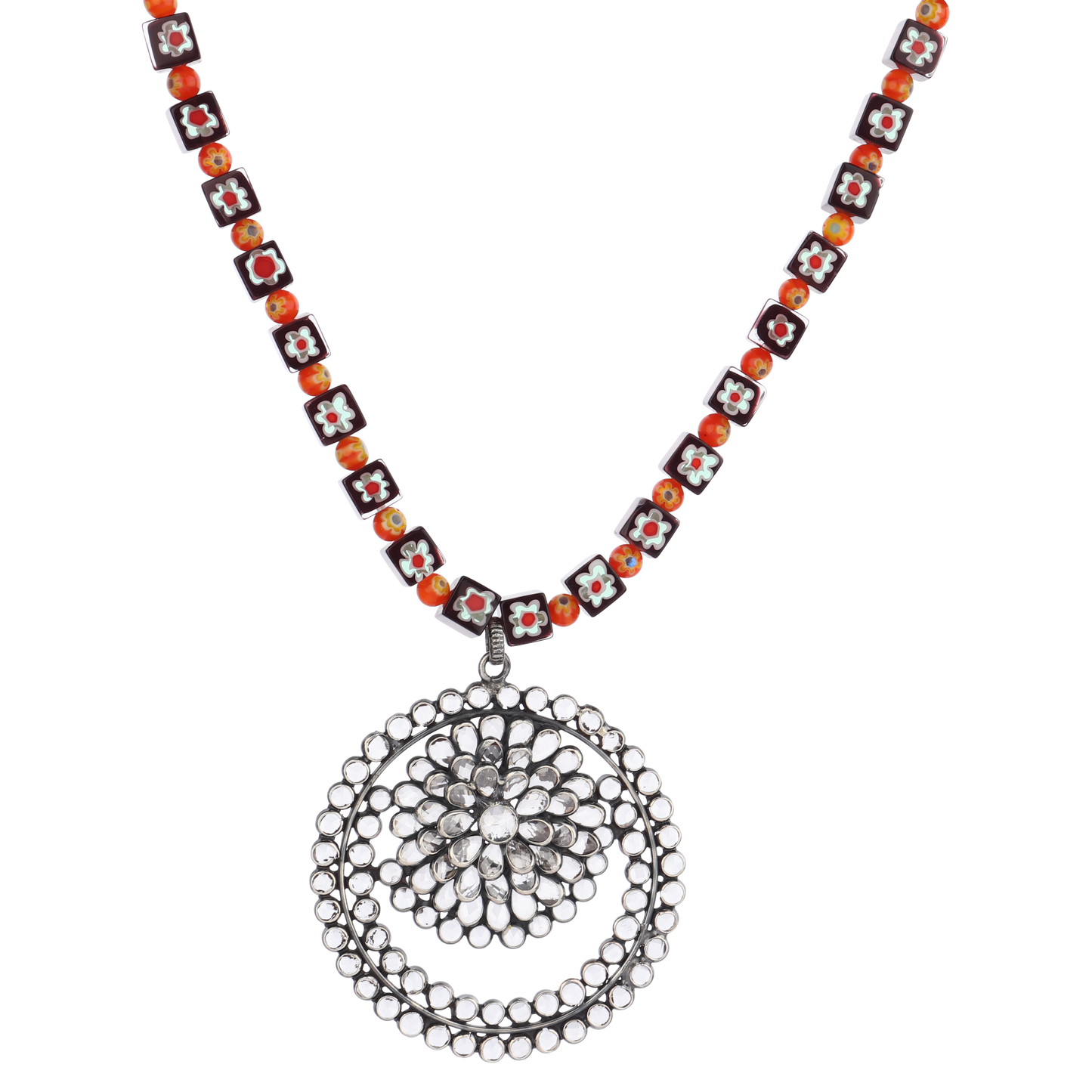 Carla Coral Beaded Silver Necklace with Crystal Pendant