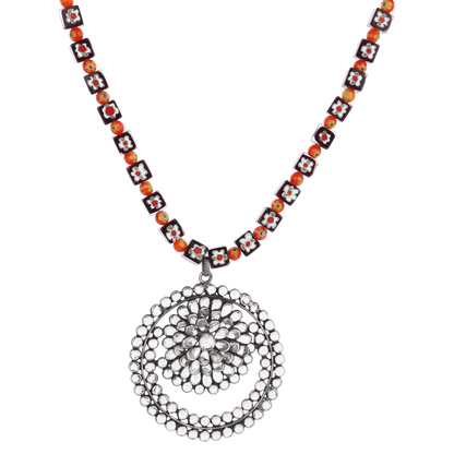 Carla Coral Beaded Silver Necklace with Crystal Pendant