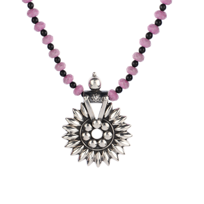 Reeva Black-Pink Beaded Silver Necklace