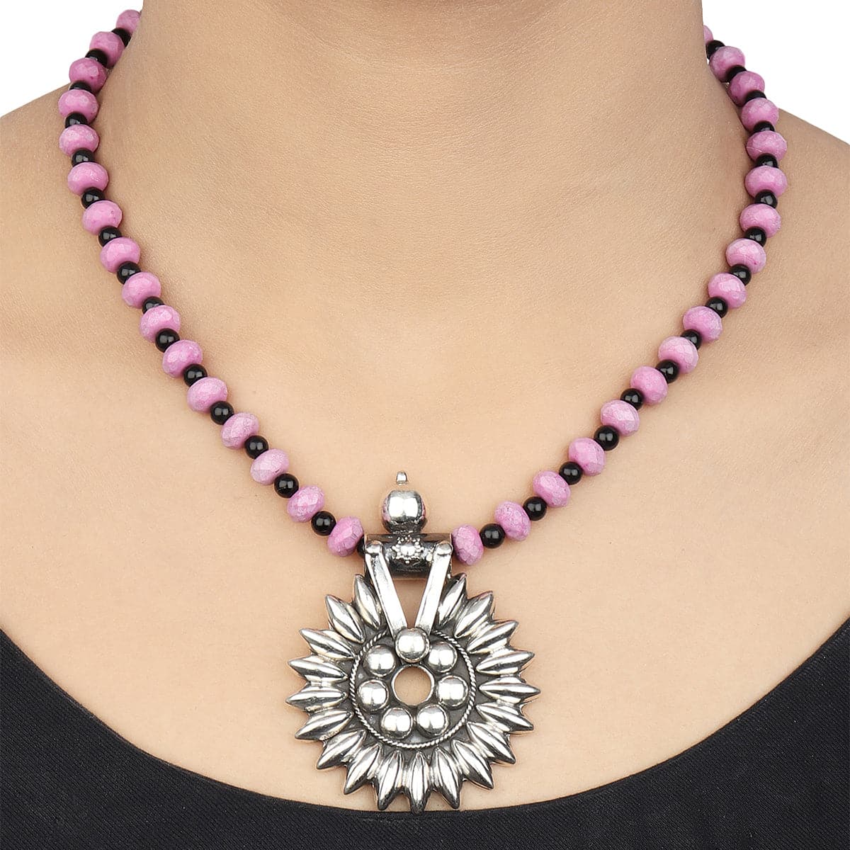 Reeva Black-Pink Beaded Silver Necklace