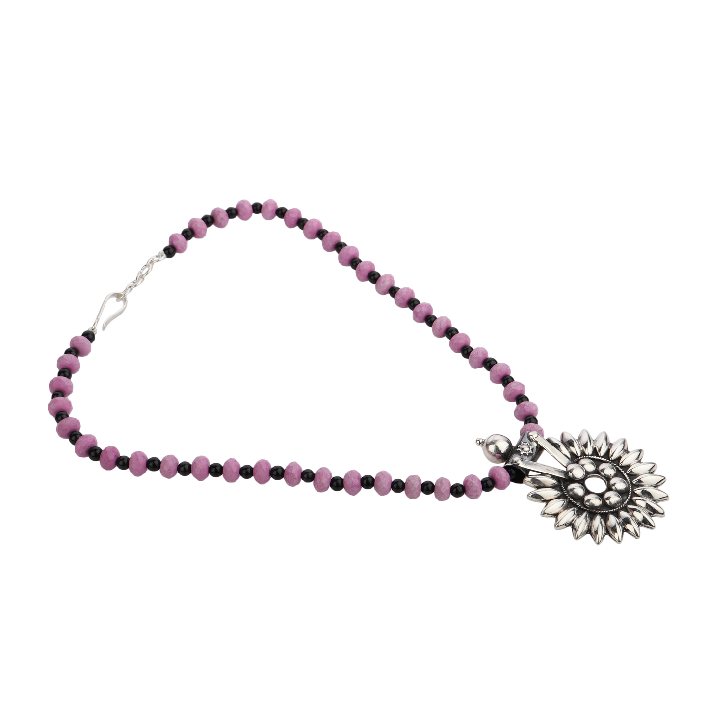 Reeva Black-Pink Beaded Silver Necklace