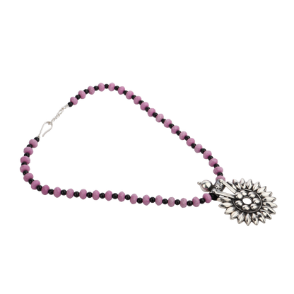 Reeva Black-Pink Beaded Silver Necklace