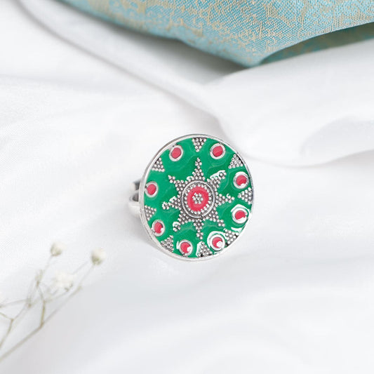 Vintage Green-Red Enameled Silver Ring