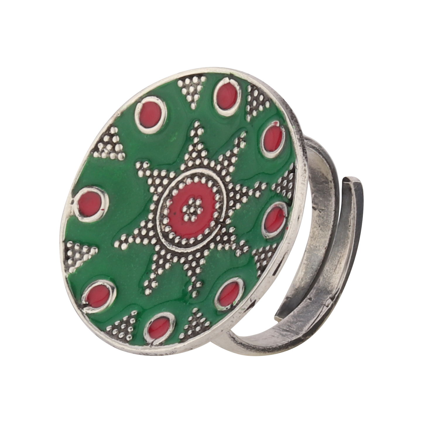 Vintage Green-Red Enameled Silver Ring