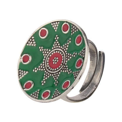 Vintage Green-Red Enameled Silver Ring