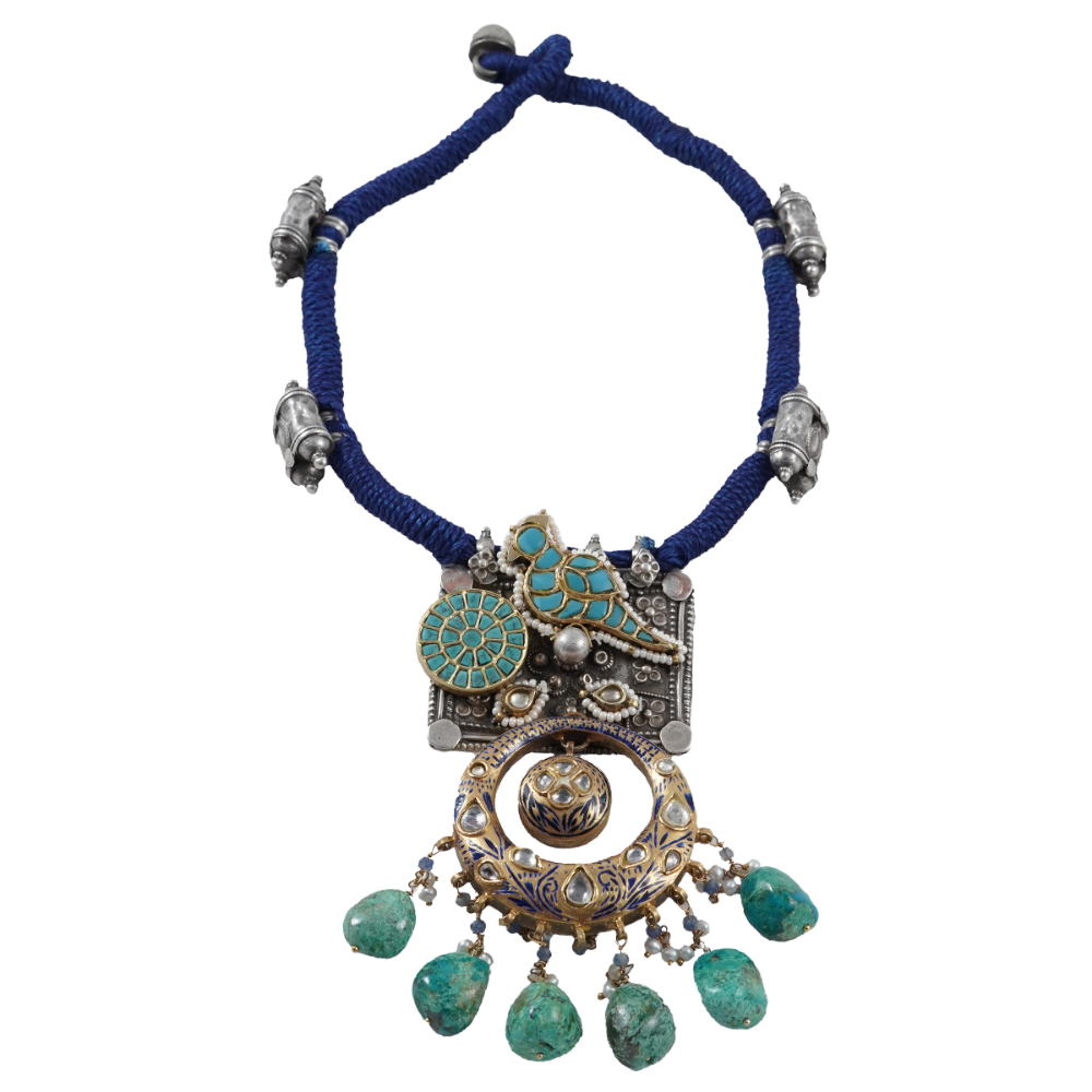 Aashita Blue Beaded Dual Tone Tribal Silver Necklace