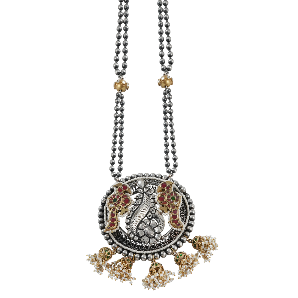 Drishti Dual Tone Silver Necklace With Peacock Motif