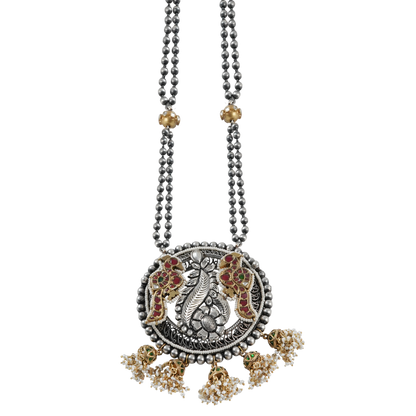 Drishti Dual Tone Silver Necklace With Peacock Motif