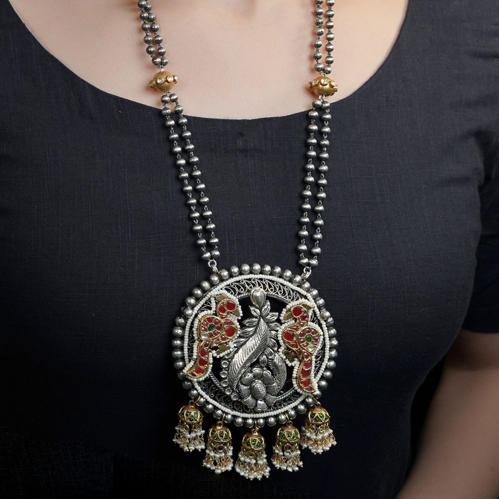 Drishti Dual Tone Silver Necklace With Peacock Motif