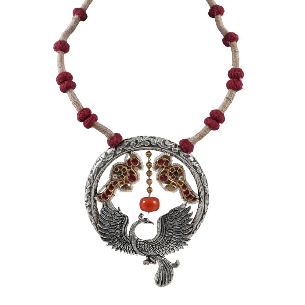 Navya Dual Tone Silver Necklace With Peacock Motif