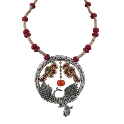 Navya Dual Tone Silver Necklace With Peacock Motif