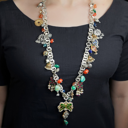 Clara Oxidised Long Beaded Silver Necklace