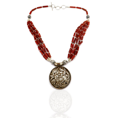 Red Beaded Tribal Silver Necklace